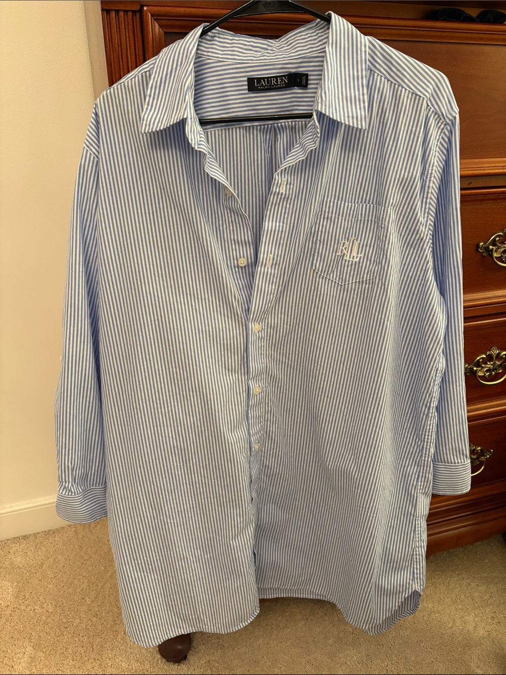 Ralph Lauren Light Blue and White Stripe Button-Down Gown Lounge ALL COTTON